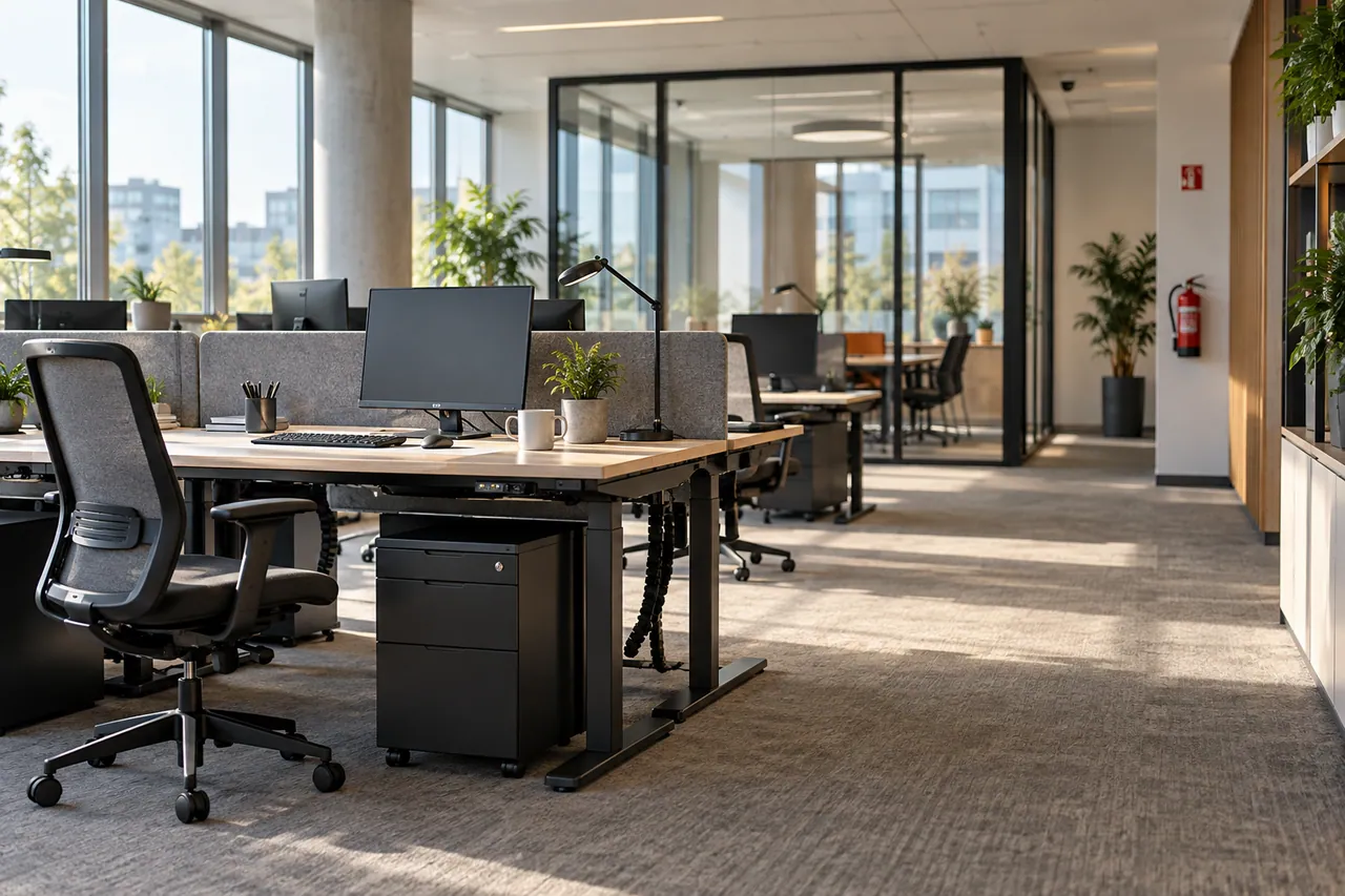 Ergonomiczne stanowiska pracy w nowoczesnym, dobrze zorganizowanym biurze
